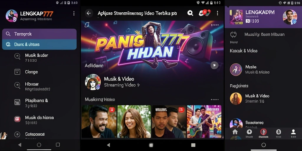 Antarmuka aplikasi LENGKAP777 yang menampilkan pilihan video streaming.