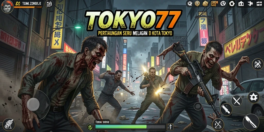 Antarmuka permainan TOKYO77 dengan aksi menembak zombie yang mendebarkan.